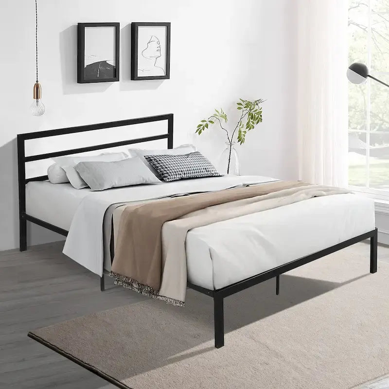 Lit plateforme en acier avec tête de lit et rangement sous le lit