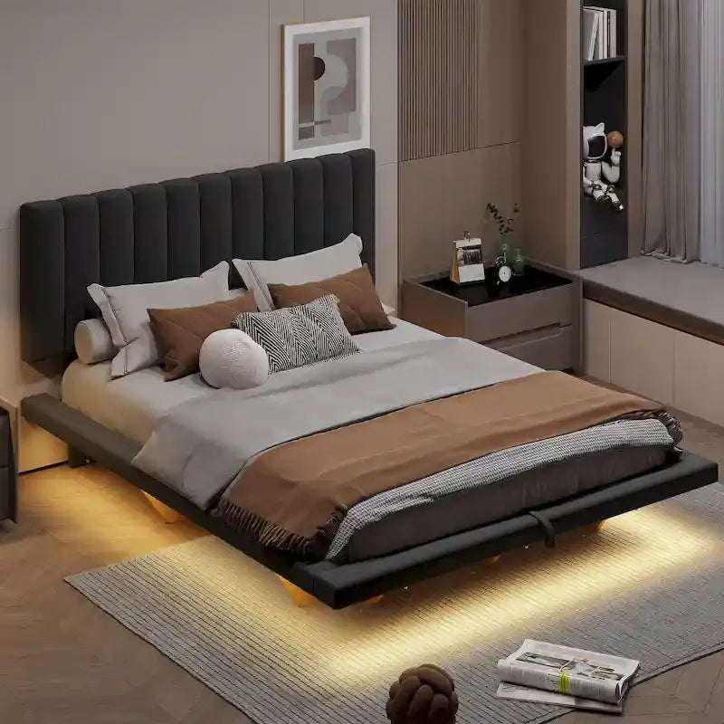 Lit plateforme en velours avec bande lumineuse LED, port USB et 4 compartiments de rangement