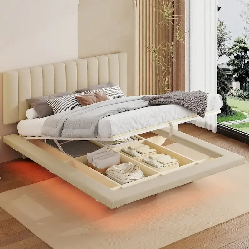 Lit plateforme en velours avec bande lumineuse LED, port USB et 4 compartiments de rangement