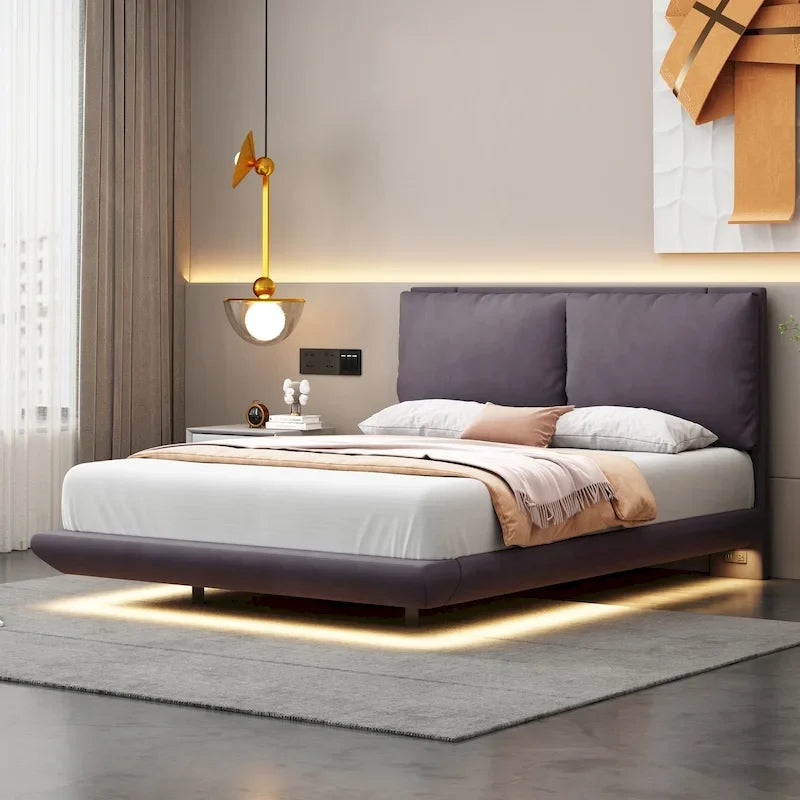 Lit plateforme flottant en velours avec lumière à détecteur de mouvement et ports de chargement USB