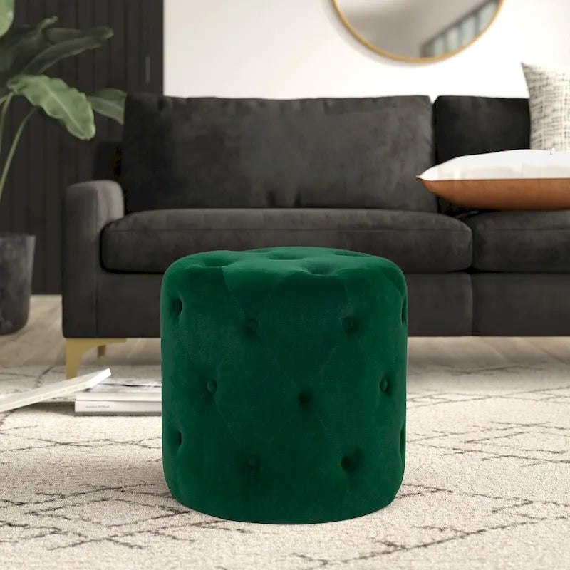 Pouf rond capitonné en velours – Repose-pieds rembourré et siège d'appoint
