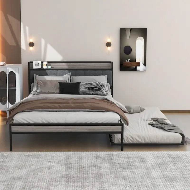 Lit plateforme en métal avec lit gigogne, tête de lit décorative en bois et recharge USB