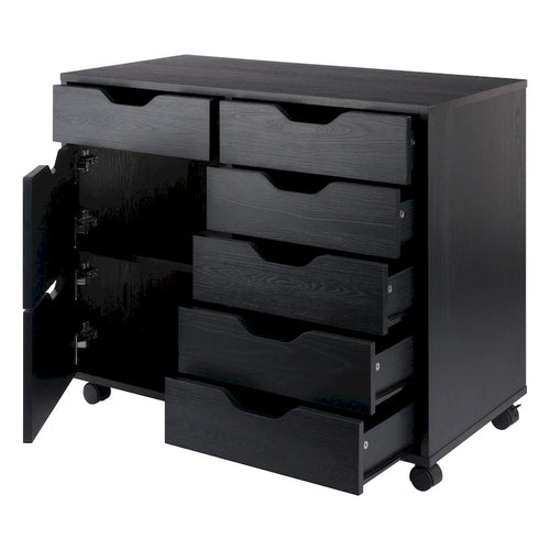 Meuble de rangement mobile à 6 tiroirs et double porte, noir