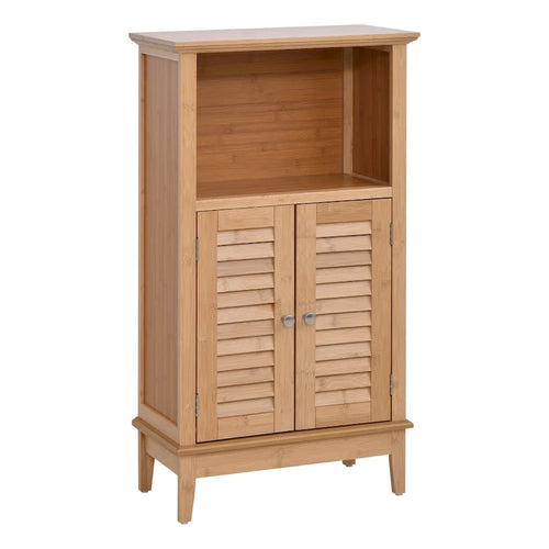 Meuble de rangement au sol en bambou avec étagère ouverte et portes