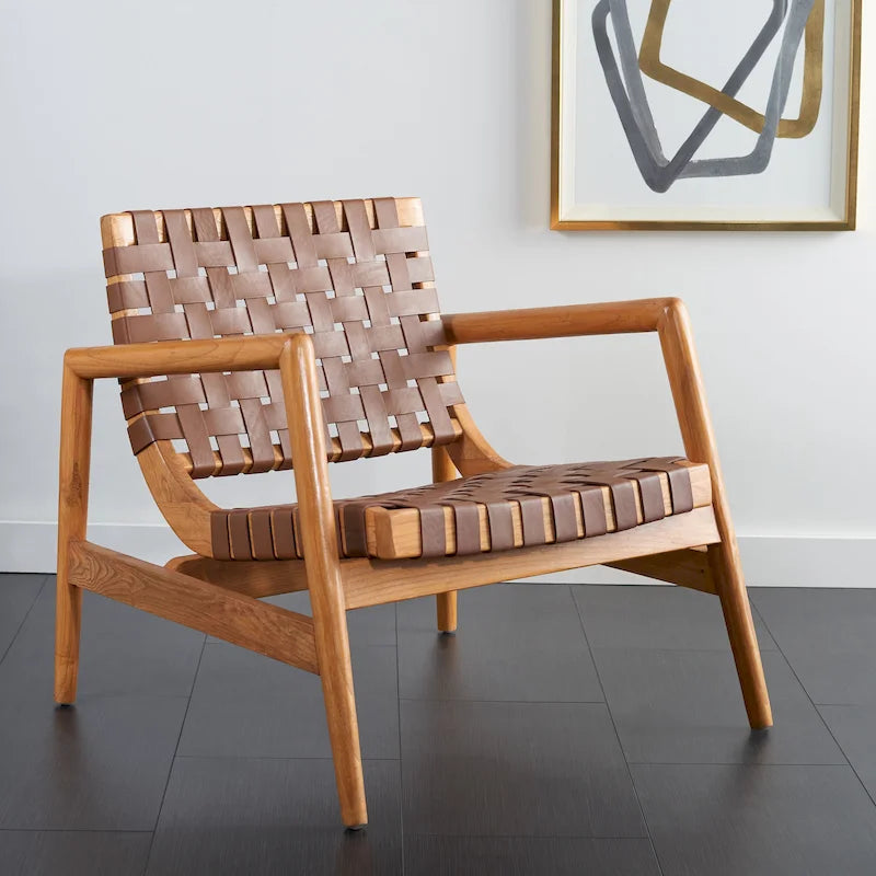 Fauteuil d'appoint en cuir tressé avec cadre en bois