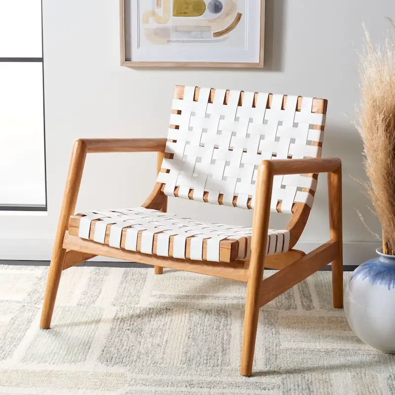 Fauteuil d'appoint en cuir tressé avec cadre en bois