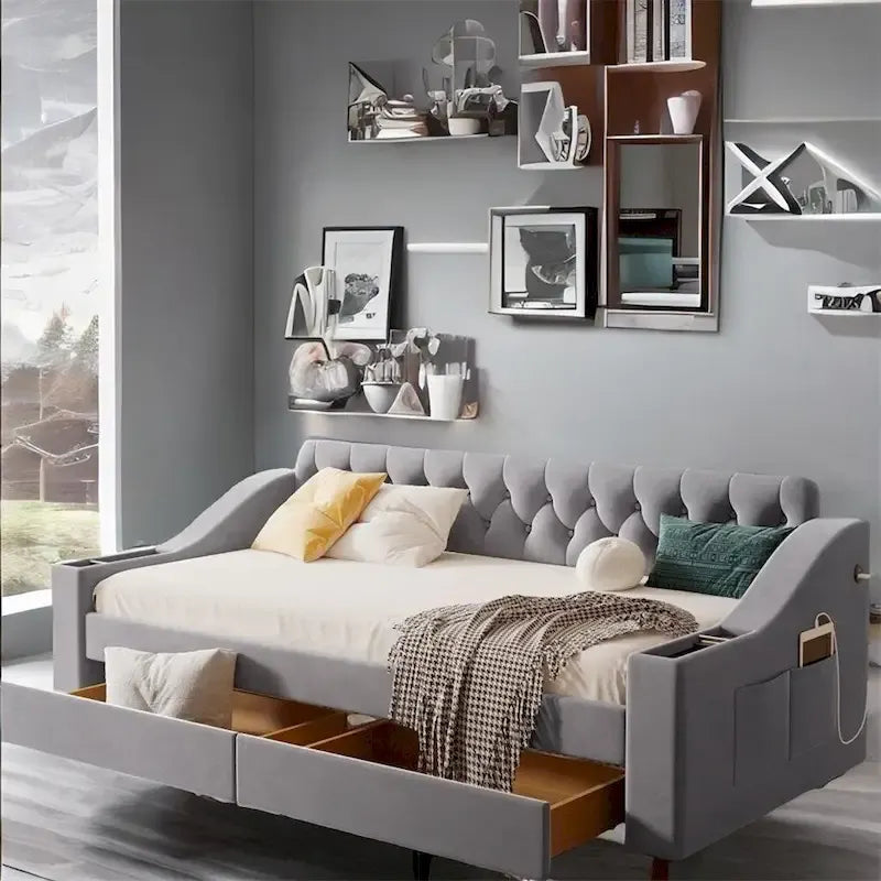 Lit de repos capitonné en velours avec tiroirs de rangement et ports USB