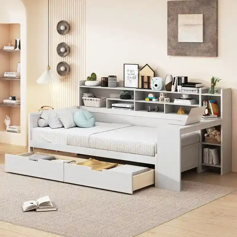 Lit de repos double en bois avec tête de lit bibliothèque, bureau et 2 tiroirs de rangement