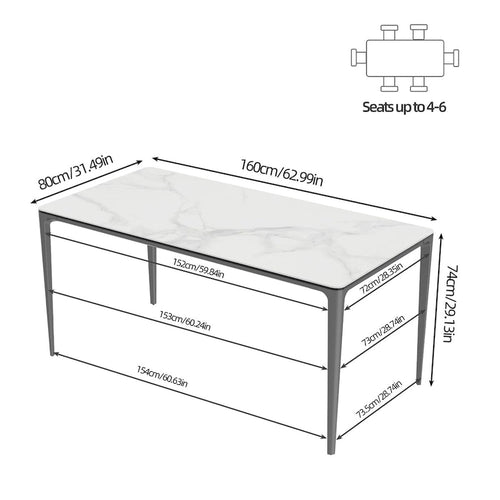 Table à manger rectangulaire 160 cm avec plateau en pierre frittée et verre trempé
